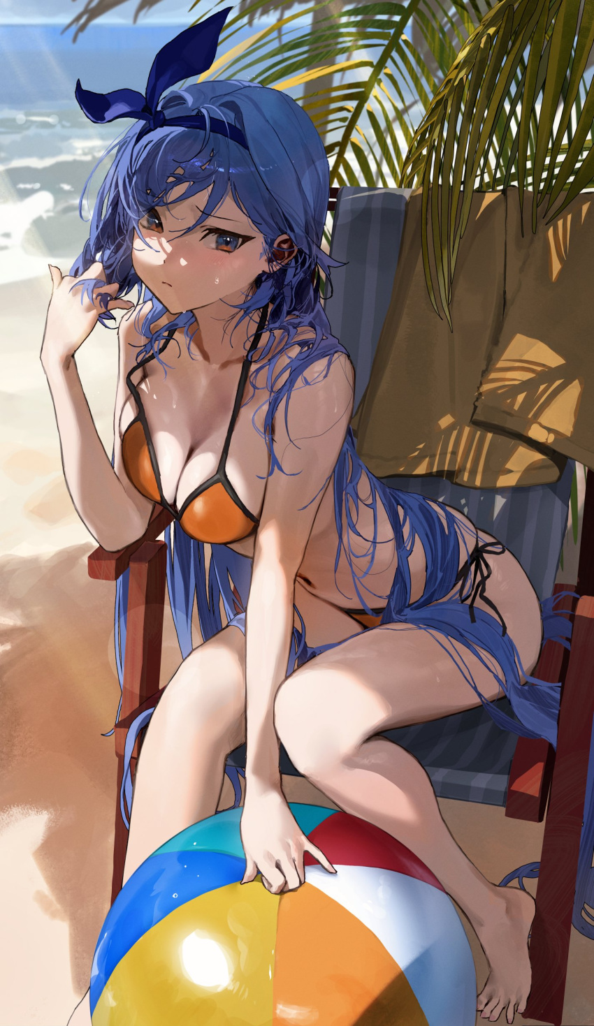 absurdly_long_hair absurdres bae_minah_(chaesu) ball barefoot beach beach_chair beachball bikini blue_eyes blue_hair borrowed_character bow_hairband breasts cleavage day female full_body hairband highres horizon logknn long_hair medium_breasts ocean orange_bikini original outdoors sand side-tie_bikini_bottom sitting solo swimsuit very_long_hair wet wet_hair