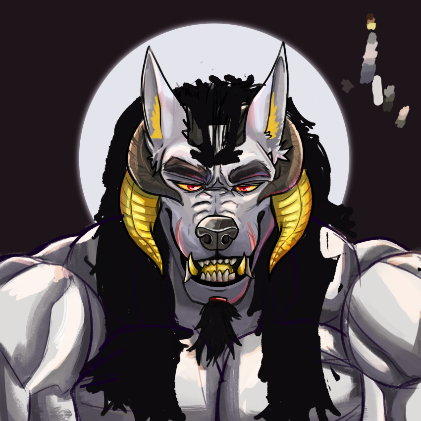 1:1 anthro arkentian_idiot canid canid_demon canine canis demon hellhound hi_res horn light male mammal moon moonlight muscular mythological_canine mythological_creature mythology smile solo teeth unfinished wolf