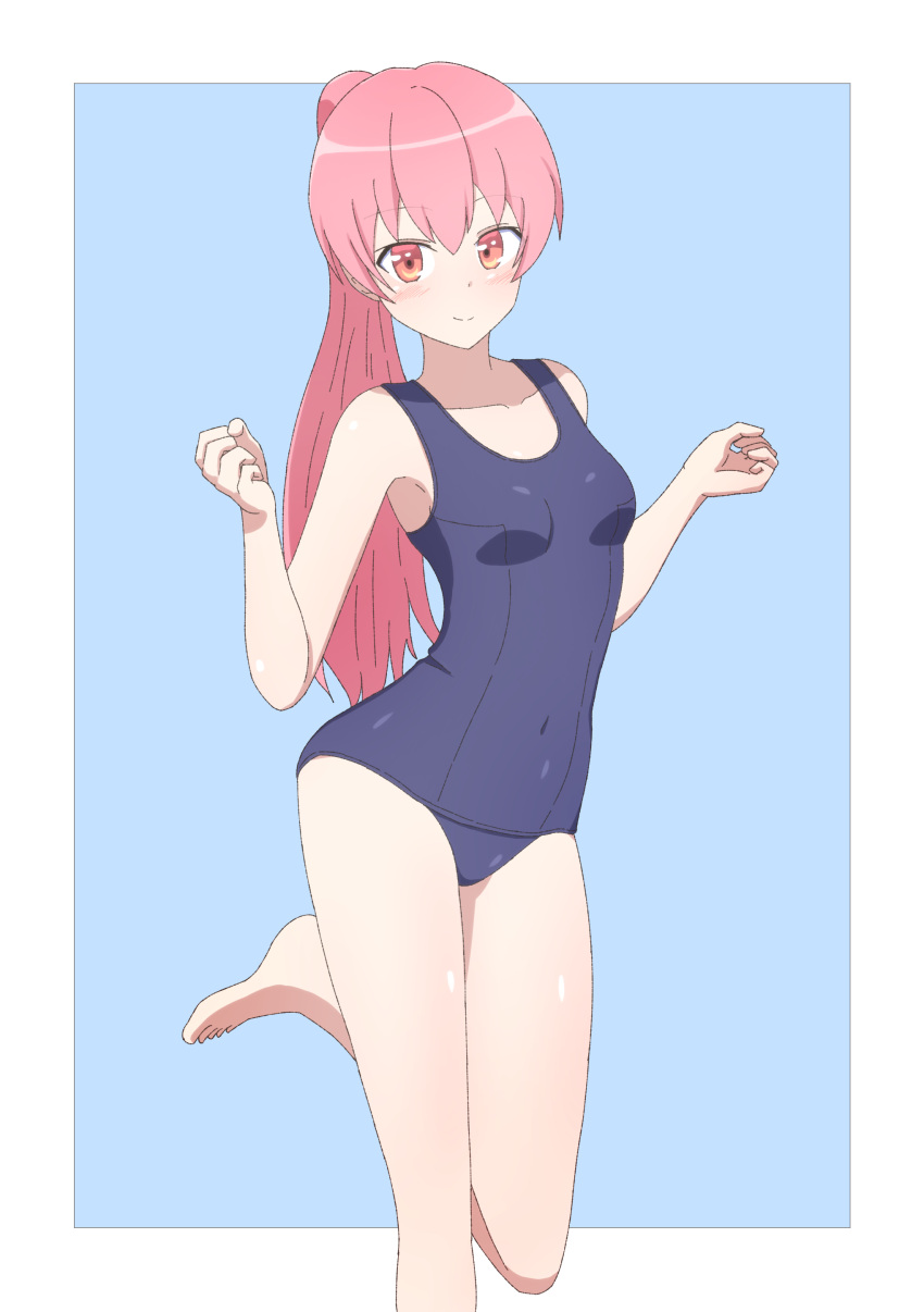 331133tokumei absurdres alternate_costume barefoot blue_background border breasts closed_mouth commentary_request covered_navel female highres long_hair looking_at_viewer medium_breasts pink_hair ponytail red_eyes school_swimsuit shiny_skin smile solo standing standing_on_one_leg swimsuit toes tonikaku_kawaii white_border yuzaki_tsukasa