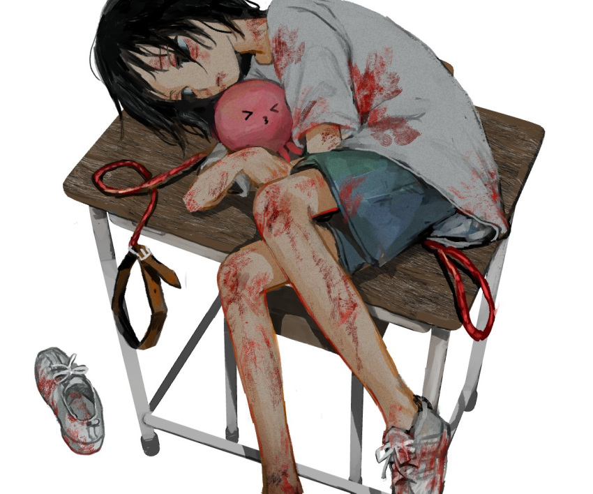 >3< alien black_eyes black_hair blood blood_on_arm blood_on_clothes blood_on_face blue_shorts bruise chair closed_mouth creature desk empty_eyes expressionless female foot_out_of_frame from_above holding holding_creature injury kuze_shizuka leash lying medium_hair no_socks octopus on_desk on_side sasakyu school_chair school_desk shirt shoes short_sleeves shorts simple_background single_shoe solo t-shirt takopii takopii_no_genzai white_background white_shirt