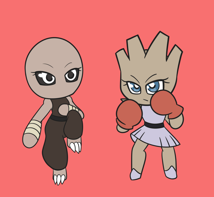 2020 3_claws 3_toes angry anthro anthrofied arm_on_knee arm_on_leg arm_wraps arms_bent armwear bald barefoot belt bent_leg bent_legs big_eyes black_belt black_eyes black_sclera blue_eyes bottomwear boxing_gloves breasts brown_body brown_bottomwear brown_clothing brown_pants brown_shirt brown_skin brown_topwear chibi claws closed_frown clothed clothing crouching digital_media_(artwork) duo evolutionary_family eyelashes featureless_hands feet female fighting_pose flat_chested footwear frown frowning_at_viewer generation_1_pokemon gloves grey_bottomwear grey_clothing grey_feet grey_footwear grey_shirt grey_shoes grey_skirt grey_topwear half-closed_eyes hand_on_chest handwear head_spikes hi_res hitmonchan hitmonlee humanoid knee_pulled_up light_armwear light_bottomwear light_clothing light_feet light_footwear light_shirt light_shoes light_skirt light_topwear light_wraps looking_at_viewer looking_away looking_forward martial_arts_uniform mouth_closed mouthless mtf_crossgender mythrica narrowed_eyes nintendo noseless on_one_leg orange_boxing_gloves orange_clothing orange_gloves orange_hands orange_handwear oversized_bottomwear oversized_clothing oversized_pants pants pink_background pokemon pokemon_(species) pokemon_humanoid pokemorph pose purple_bottomwear purple_clothing purple_feet purple_footwear purple_shirt purple_shoes purple_skirt purple_topwear red_background red_boxing_gloves red_clothing red_gloves red_hands red_handwear round_head rule_63 shirt shoes simple_background skirt sleeveless sleeveless_shirt small_breasts spikes spikes_(anatomy) sportswear standing straight_leg tan_armwear tan_body tan_clothing tan_skin tan_wraps toe_claws toes topwear trans_(lore) trans_woman_(lore) white_claws white_eyes wide_stance wraps yellow_armwear yellow_clothing yellow_wraps