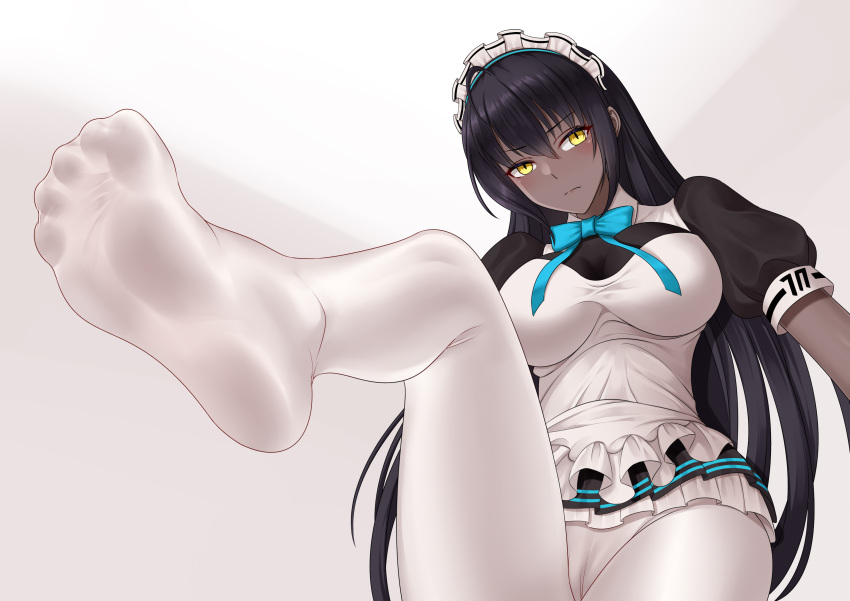 absurdres black_dress black_hair blue_archive blue_bow blush bow breasts closed_mouth commentary_request dark-skinned_female dark_skin dress feet female foot_focus foreshortening frilled_dress frills hair_between_eyes highres karin_(blue_archive) large_breasts leg_up long_hair maid maid_headdress no_shoes oirin pantyhose pleated_skirt presenting_foot puffy_short_sleeves puffy_sleeves short_sleeves simple_background skirt soles solo toes white_background white_pantyhose yellow_eyes