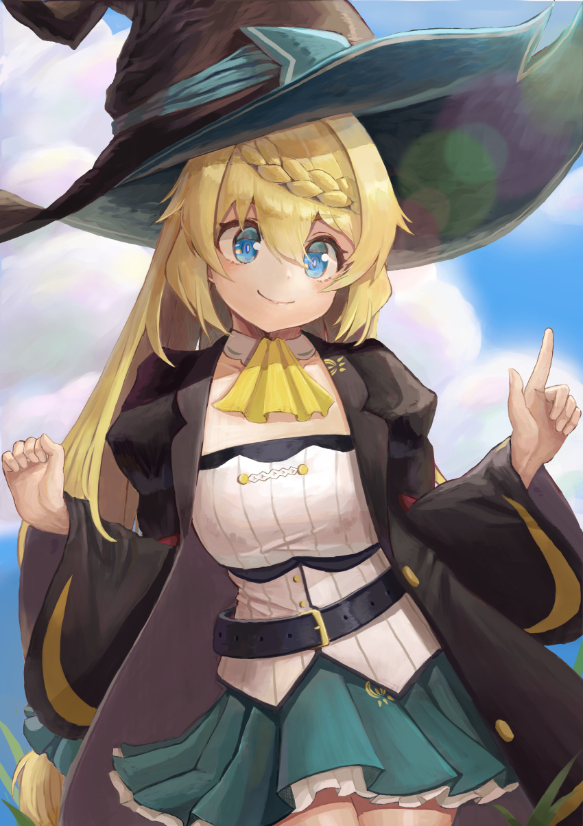 absurdres aizawa_azusa ascot belt black_hat black_robe blonde_hair blue_eyes blue_skirt braid breasts closed_mouth cloud cloudy_sky dress eyebrows_hidden_by_hair feet_out_of_frame female hair_between_eyes hat highres juliet_sleeves kenlearnillust large_breasts large_hat lens_flare long_hair long_sleeves looking_ahead pointing pointing_up puffy_sleeves robe skirt sky slime_taoshite_300_nen_shiranai_uchi_ni_level_max_ni_nattemashita smile solo strapless strapless_dress very_long_hair white_dress witch witch_hat yellow_ascot