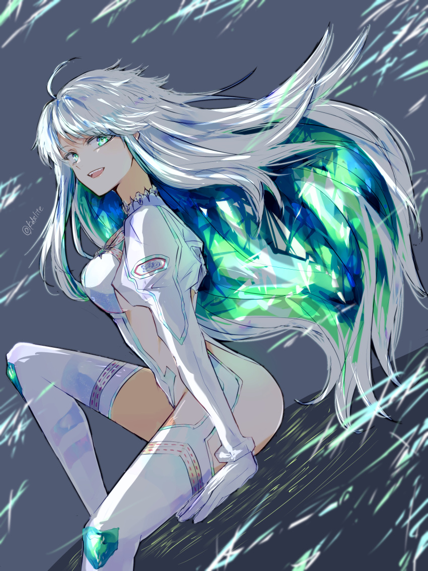 absurdres ahoge boots colored_inner_hair fate/grand_order fate_(series) female gloves green_eyes green_hair grey_background grey_hair highres kukulkan_(fate) long_hair multicolored_hair sitting sodamachi thigh_boots white_gloves