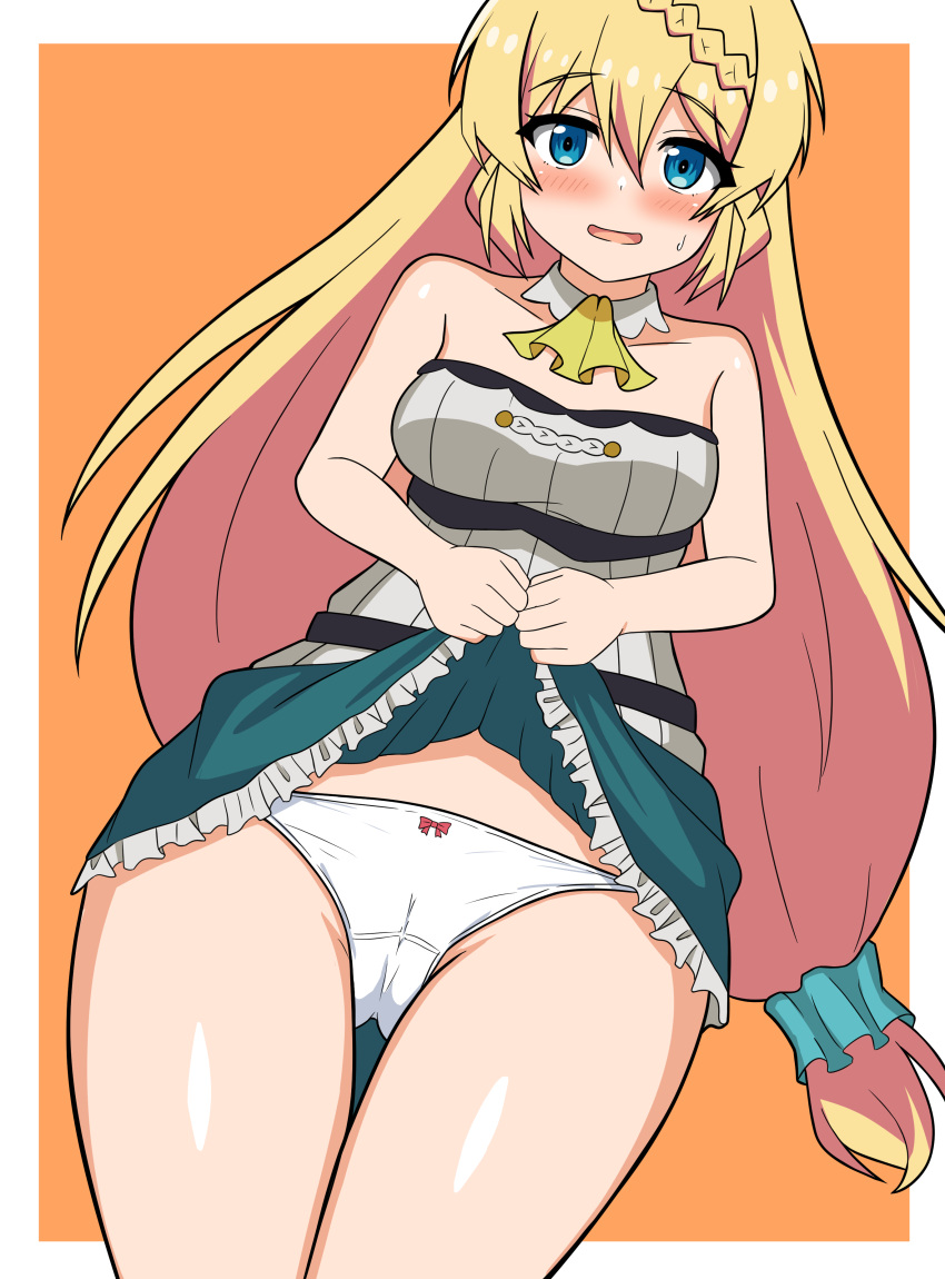 absurdres aizawa_azusa alternate_breast_size armpit_crease ascot ass_visible_through_thighs blonde_hair blue_eyes blue_skirt blush breasts clothes_lift dress eyebrows_hidden_by_hair feet_out_of_frame female from_below groin hair_between_eyes highres large_breasts lifting_own_clothes long_hair looking_at_viewer orange_background panties pantyshot simple_background skirt skirt_lift slime_taoshite_300_nen_shiranai_uchi_ni_level_max_ni_nattemashita solo strapless strapless_dress sweatdrop tankuro_uri thigh_gap underwear very_long_hair white_dress white_panties yellow_ascot