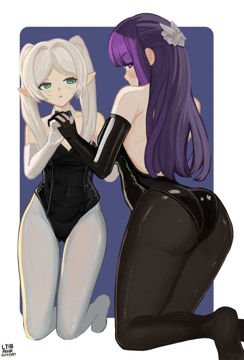 2girls absurdres blue_eyes blush closed_mouth elbow_gloves elf feet fern_(sousou_no_frieren) forehead frieren gloves hair_ornament highres holding_hands long_hair looking_at_viewer lyib multiple_girls pantyhose playboy_bunny pointy_ears purple_eyes purple_hair self-upload shiny_pantyhose sousou_no_frieren thighs twintails white_hair white_pantyhose