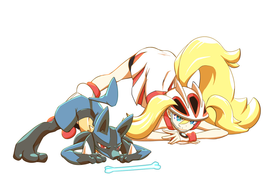 absurdres animal_ears animal_hands black_shorts blonde_hair blue_eyes bone closed_mouth dog_ears dog_tail dress female fingerless_gloves full_body gloves hair_between_eyes helmet highres inline_skates jack-o'_challenge kakashino_kakato korrina_(pokemon) long_hair looking_down lucario pokemon pokemon_(creature) pokemon_xy ponytail red_eyes roller_skates shorts skates smile spikes tail top-down_bottom-up very_long_hair white_background white_dress