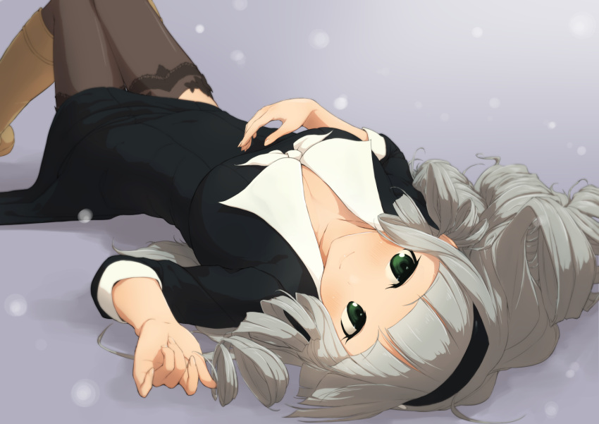 black_dress black_hairband black_thighhighs blunt_bangs blush boots breasts cleavage dress drill_hair enoshito female ginrei_(senran_kagura) green_eyes grey_hair hairband knee_boots large_breasts looking_at_viewer lying on_back senran_kagura simple_background solo thighhighs upside-down