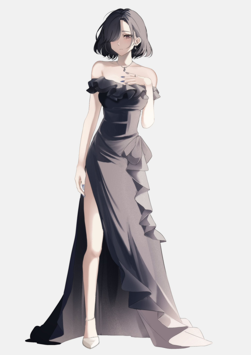 black_dress black_hair breasts brown_eyes collarbone commentary_request crescent crescent_earrings dress earrings female frilled_dress frills full_body grey_background grey_nails hair_over_one_eye hand_up highres jewelry kuromine_chiharu looking_at_viewer medium_breasts nail_polish off-shoulder_dress off_shoulder parted_bangs pendant sakura_no_sekai shoes short_hair simple_background solo standing tsuruse white_footwear