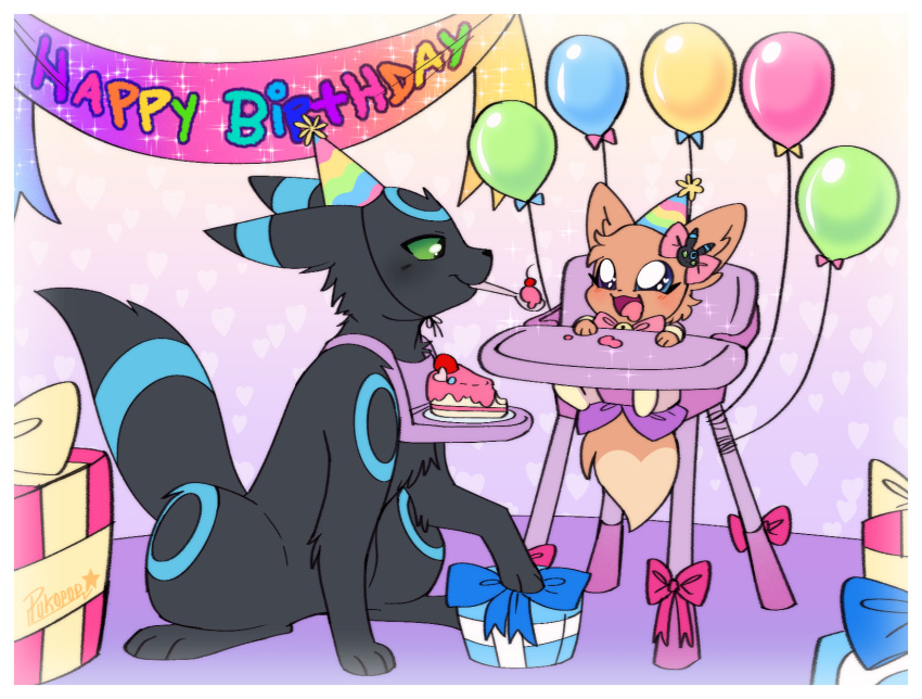 balloon big_eyes birthday black_body border bow_ribbon box brown_body cake canid clothing container cutlery daughter_(lore) daww dessert eevee eeveelution father_(lore) father_and_child_(lore) father_and_daughter_(lore) female feral food fur generation_1_pokemon generation_2_pokemon gift_box gracie_(sweetcupcake) happy hat headgear headwear hi_res high_chair inflatable kitchen_utensils kurai_(kuraibre) male mammal nintendo parent_(lore) parent_and_child_(lore) parent_and_daughter_(lore) pokemon pokemon_(species) pukopop shiny_pokemon smile spoon tail tools tray umbreon white_border