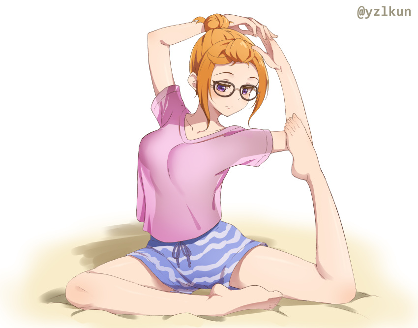 absurdres arms_up bare_legs barefoot blue_shorts breasts closed_mouth commentary drawstring feet female flexible forehead full_body glasses hair_bun highres legs looking_down love_live! love_live!_superstar!! medium_breasts orange_hair pigeon_pose pink_shirt purple_eyes shibuya_kanon shirt short_shorts shorts sleepwear solo stretching t-shirt thighs toenails toes yzlkun