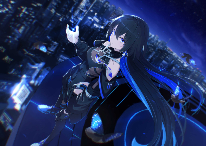 bare_shoulders black_hair blue_eyes bug butterfly female gloves hand_up highres kamitsubaki_studio koko_(kamitsubaki_studio) long_hair looking_at_viewer mikisai night outdoors solo standing virtual_youtuber