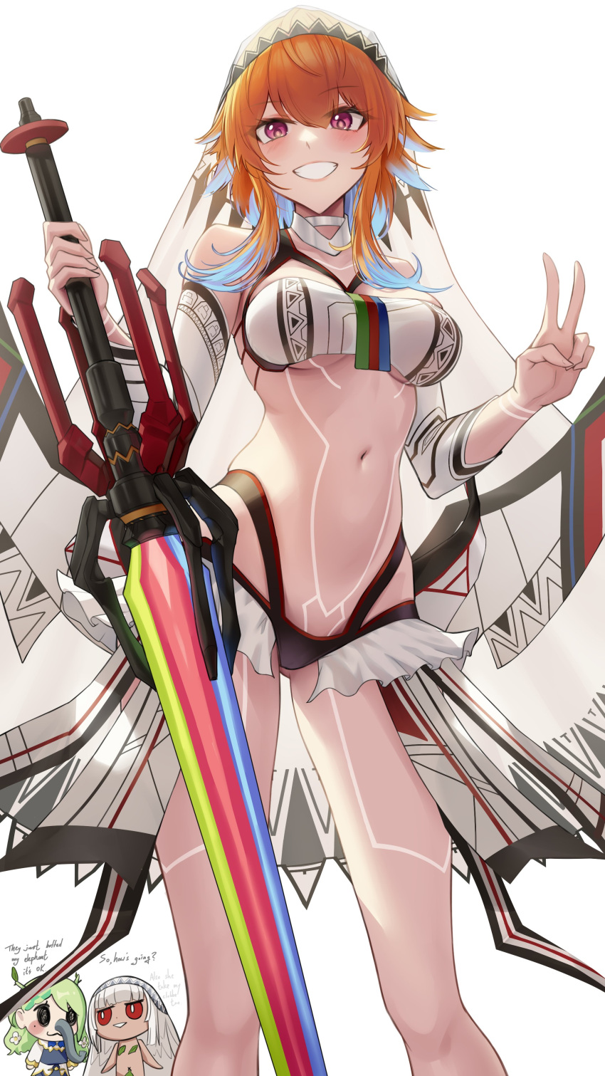 3girls absurdres altera_(fate) altera_(fate)_(cosplay) ass_visible_through_thighs blue_hair body_markings breasts ceres_fauna chibi commentary cosplay creator_connection english_commentary fate/grand_order fate_(series) grin highres holding holding_sword holding_weapon hololive hololive_english large_breasts multicolored_hair multiple_girls navel nude orange_hair photon_ray_(fate) planted planted_sword purple_eyes riyo_(lyomsnpmp)_(style) smile smol_fauna somebody_(leiking00) stomach streaked_hair sword takanashi_kiara v virtual_youtuber weapon white_veil