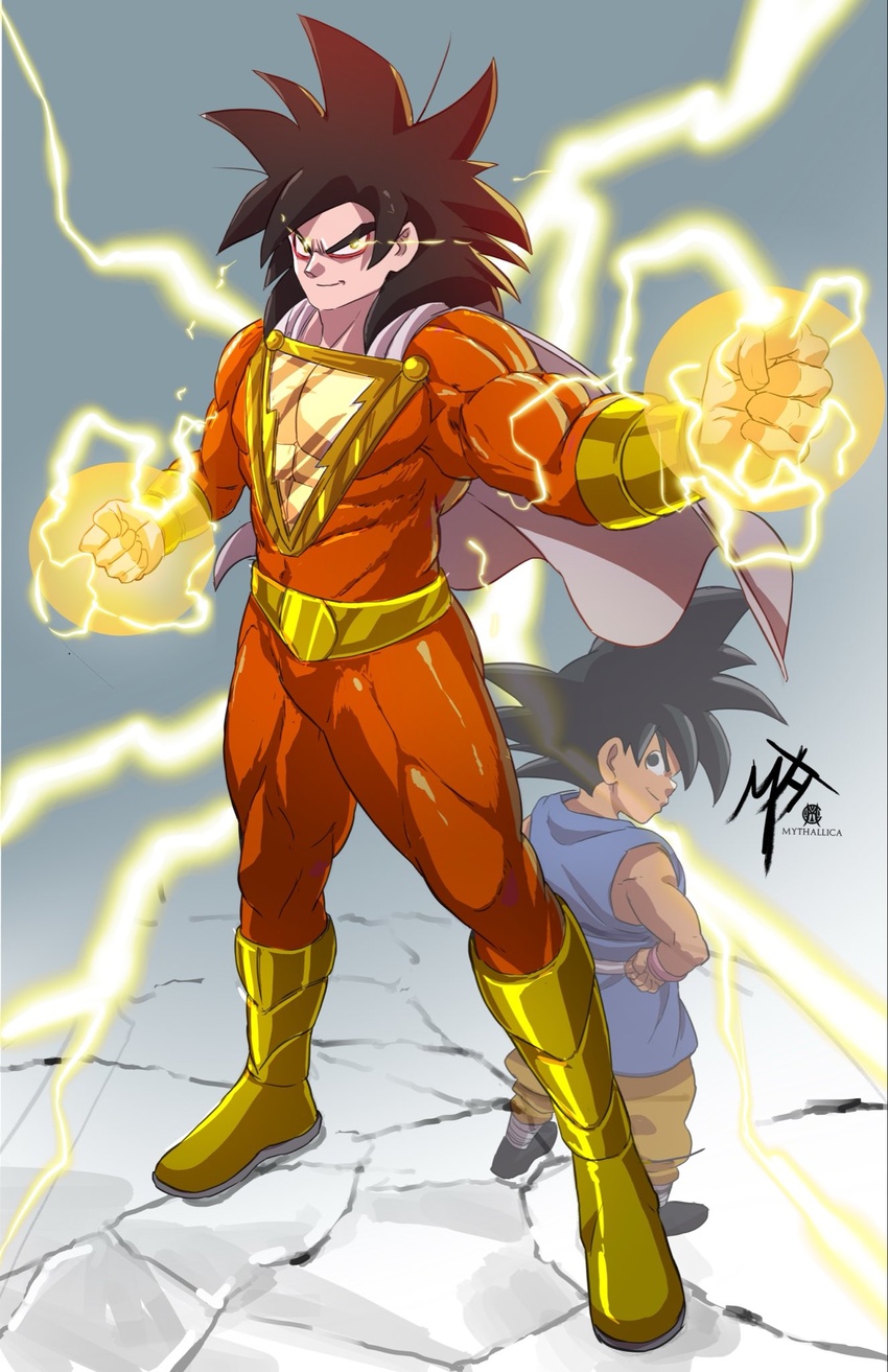 2boys aged_down artist_name black_eyes black_hair bodysuit boots cape clenched_hand cosplay crack cracked_floor crossover dc_comics dougi dragon_ball dragon_ball_gt dual_persona electricity electrokinesis full_body glowing glowing_eyes hand_up highres lightning lightning_bolt_symbol male_focus multiple_boys muscular muscular_male mythallica red_bodysuit shazam shazam_(cosplay) signature skin_tight sleeveless smirk son_goku spiked_hair super_saiyan super_saiyan_4 superhero_costume yellow_eyes yellow_lightning