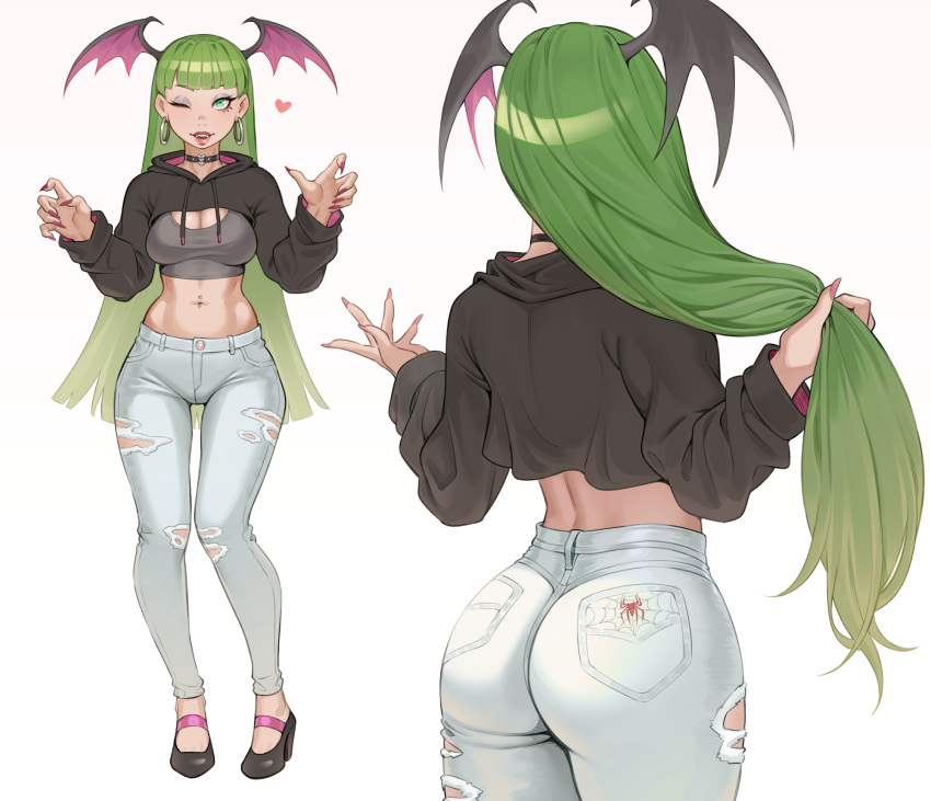 alternate_costume ass bat_wings black_choker blunt_bangs blunt_ends breasts cheshirrr choker claw_pose cleavage commentary cowboy_shot earrings english_commentary eyeshadow fangs female fingernails from_behind full_body green_eyes green_hair grey_eyeshadow head_wings heart_o-ring heart_ring_choker highres holding holding_own_hair hood hood_down hoop_earrings jewelry long_fingernails long_hair long_sleeves looking_at_viewer makeup medium_breasts midriff mixed-language_commentary morrigan_aensland multiple_views nail_polish navel navel_piercing one_eye_closed open_mouth pants piercing pink_nails shrug_(clothing) simple_background smile torn_clothes torn_pants vampire_(game) very_long_hair white_background white_pants wings