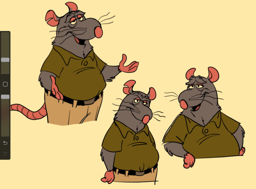 2024 anthro biped bottomwear clothing disney django_(ratatouille) hi_res male mammal mature_male murid murine open_mouth pants pixar pocketbutch rat ratatouille rodent shirt simple_background slightly_chubby solo topwear