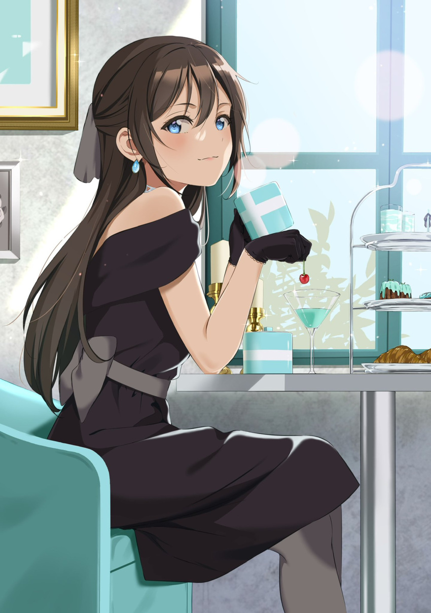 bare_shoulders black_dress black_gloves blue_eyes blue_gemstone bow brown_hair cherry closed_mouth commentary cup dress earrings feet_out_of_frame female food fruit gem gloves gorilla-shi grey_bow grey_pantyhose hair_between_eyes hairbow highres holding holding_cup indoors jewelry long_hair looking_at_viewer love_live! love_live!_nijigasaki_high_school_idol_club off-shoulder_dress off_shoulder osaka_shizuku painting_(object) pantyhose sidelocks sitting solitude_rain_(love_live!) solo steam table window