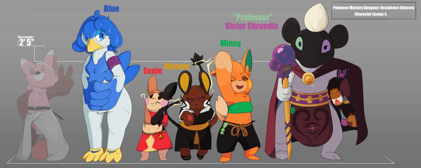 absurd_res anthro clothing dedenne female generation_6_pokemon generation_8_pokemon generation_9_pokemon group hand_on_cheek hi_res jaylus_t_meowstic male morpeko nervous nintendo pawmo peace_sign_(disambiguation) pincushion_(decadence_odyssey) pokemon pokemon_(species) pokemon_mystery_dungeon quaxwell shroodle spike_chunsoft stretching tagme