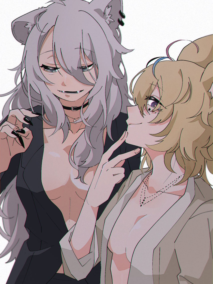 2girls animal_ear_fluff animal_ears black_choker black_nails blonde_hair blue_hair breasts choker chromatic_aberration cleavage commentary_request ear_piercing fangs fingernails grey_eyes grey_hair highres hololive jacket lion_ears long_fingernails long_hair looking_at_viewer medium_breasts multicolored_hair multiple_girls nackle_seijin no_shirt omaru_polka open_clothes open_jacket open_mouth piercing pink_hair purple_eyes shishiro_botan simple_background smile streaked_hair upper_body virtual_youtuber white_background yakihokke_m