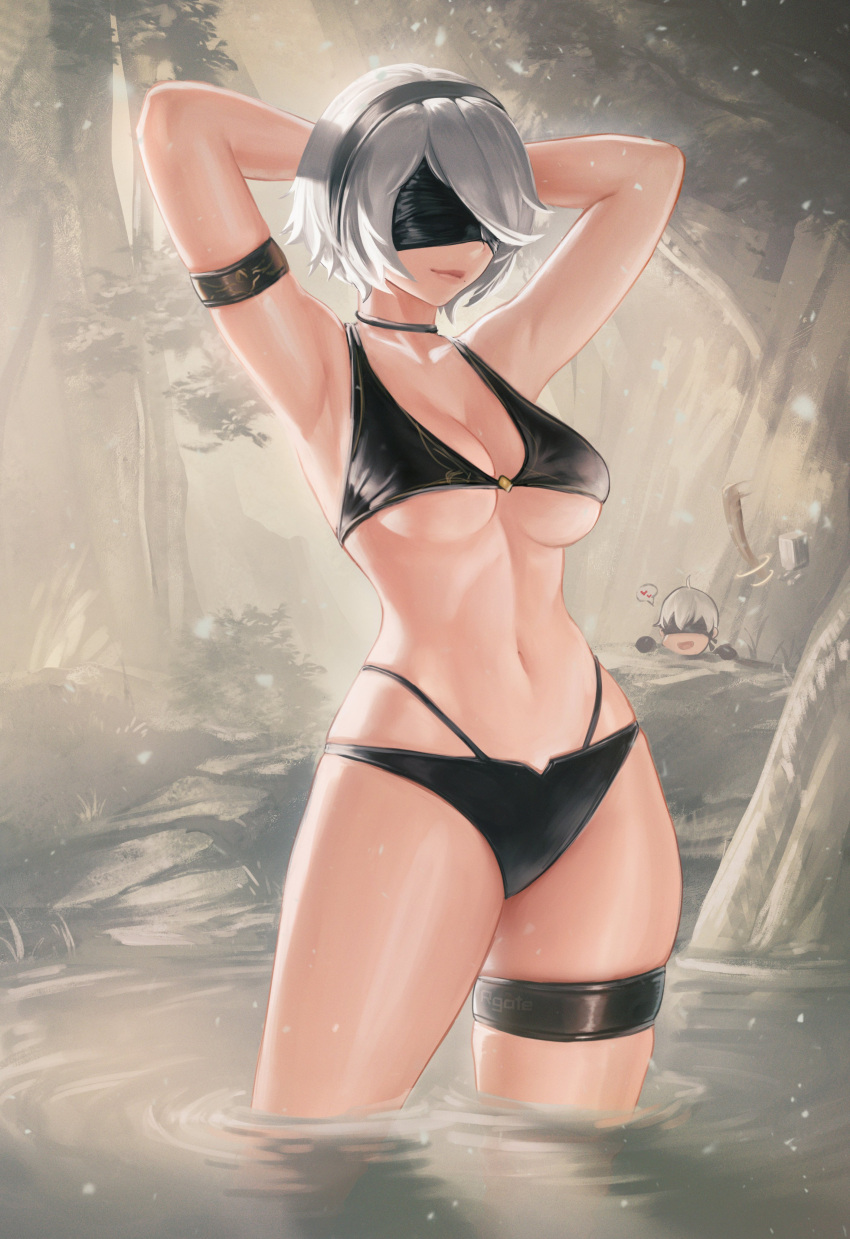 1boy 2b_(nier:automata) 9s_(nier:automata) absurdres armpits arms_behind_head arms_up bathing bikini black_bikini black_blindfold black_choker black_hairband blindfold bonk breasts choker closed_mouth covered_eyes cowboy_shot female forest gatery hairband heart highres lips medium_breasts nature navel nier:automata nier_(series) peeping pod_(nier:automata) pond short_hair solo_focus spoken_heart stomach swimsuit thigh_strap thighs tree wading water white_hair