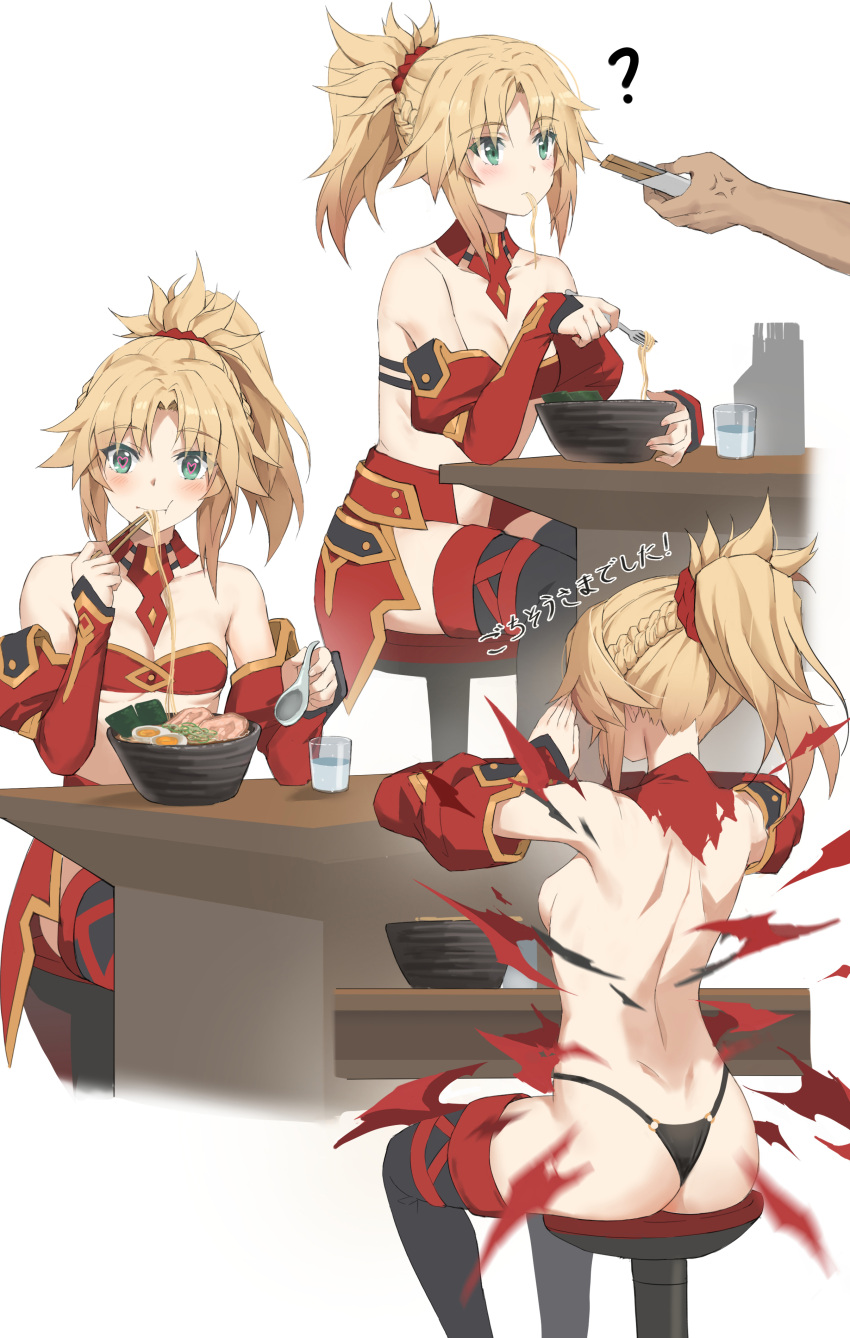 absurdres areola_slip ass back bare_shoulders black_thighhighs blonde_hair blush braid breasts collarbone detached_collar detached_sleeves exploding_clothes fate/apocrypha fate_(series) female green_eyes hair_ornament hair_scrunchie highres long_hair mordred_(fate) mordred_(fate/apocrypha) multiple_views panties ponytail red_scrunchie scrunchie sidelocks sitting small_breasts thighhighs tonee translated underwear