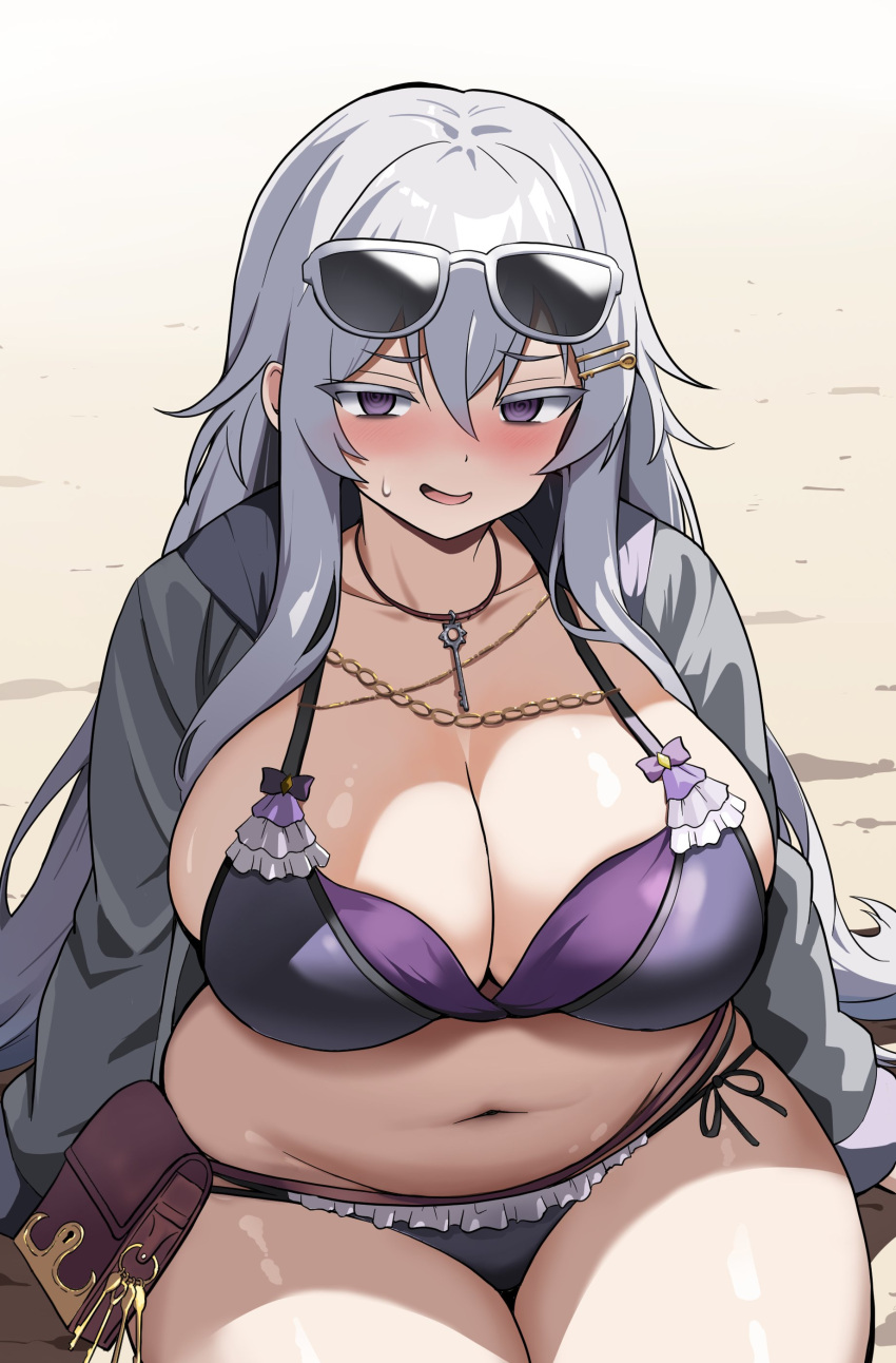 @_@ absurdres bags_under_eyes beach belly bikini breasts female flower_knight_girl grey_hair highres huge_breasts ki-51_(ampullaria) long_hair navel plump purple_bikini side-tie_bikini_bottom sigillaria_(flower_knight_girl) sitting sunglasses sweatdrop swimsuit thick_thighs thighs