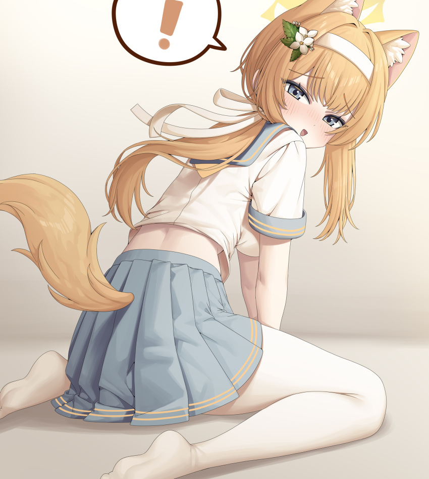 ! alternate_animal_ears animal_ear_fluff animal_ears blue_archive blue_eyes blue_skirt blush dated_commentary female flower fox_ears fox_tail hair_flower hair_ornament halo highres long_hair mari_(blue_archive) metaljelly open_mouth orange_hair pantyhose pleated_skirt short_sleeves skirt solo spoken_exclamation_mark tail white_flower white_pantyhose yellow_halo