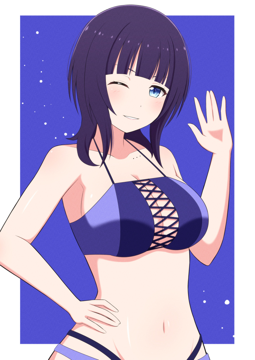 asaka_karin bikini blue_bikini blue_eyes blue_hair breasts cleavage collarbone commentary dark_blue_hair female hand_on_own_hip hand_up highres ichiban577 large_breasts love_live! love_live!_nijigasaki_high_school_idol_club medium_hair mole mole_on_collarbone multicolored_background multicolored_bikini multicolored_clothes navel one_eye_closed purple_background purple_bikini shiny_skin smile solo swimsuit white_background