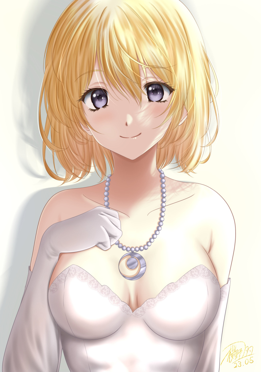 absurdres arm_behind_back blonde_hair breasts cleavage dress elbow_gloves elena_stoddart female gloves highres jewelry looking_at_viewer necklace purple_eyes sakurano_miki shadow simple_background smile solo upper_body white_background white_dress white_gloves ys ys_iii_wanderers_of_ys