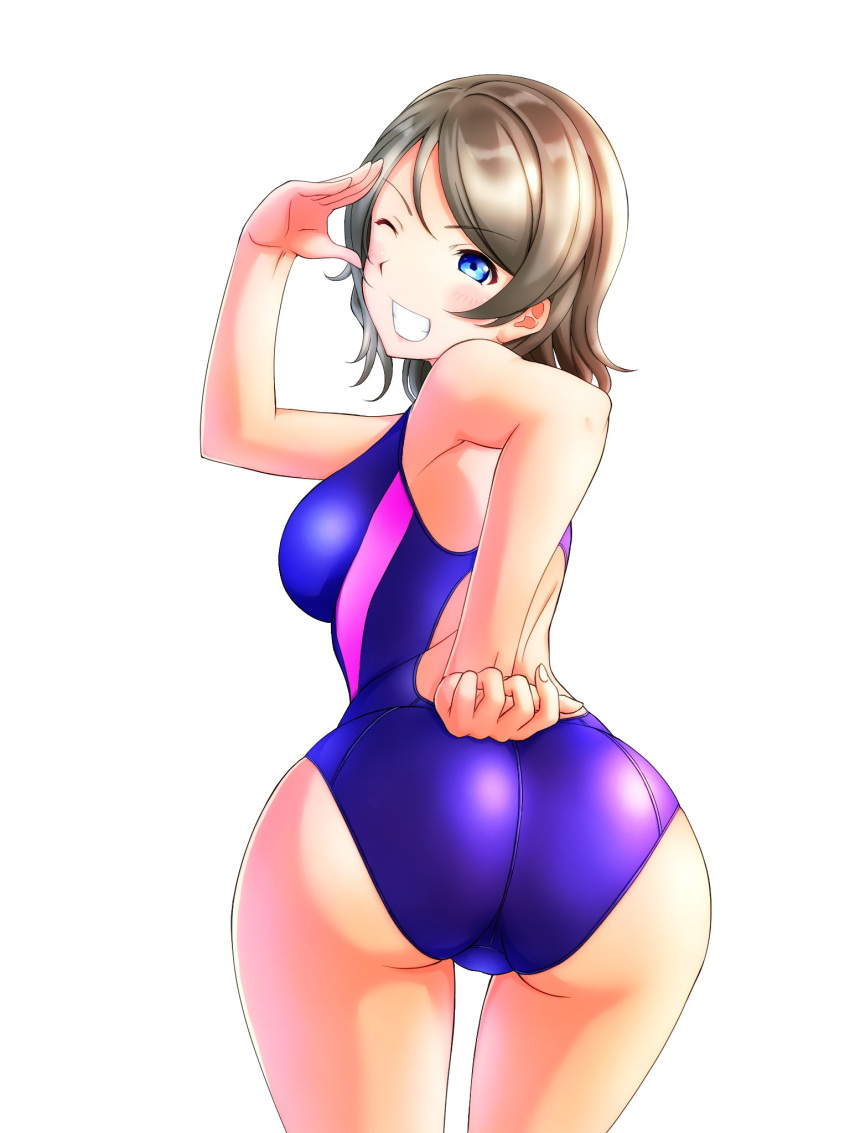 ass bent_over blush breasts brown_hair cameltoe chishio_(onoderayui) competition_swimsuit female from_behind highres looking_at_viewer love_live! love_live!_sunshine!! one-piece_swimsuit salute short_hair solo swimsuit thighs watanabe_you wavy_hair