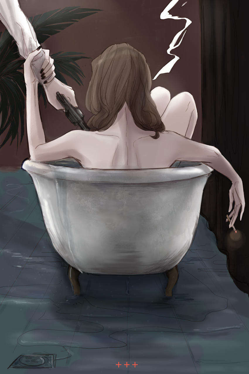 2girls absurdres bath bathing bathtub black_nails brown_hair cigarette claw_foot_bathtub commentary deerwhisky gun highres holding holding_another's_wrist holding_cigarette holding_gun holding_weapon indoors long_sleeves medium_hair multiple_girls nail_polish nude original smoking solo_focus weapon wet_floor yuri