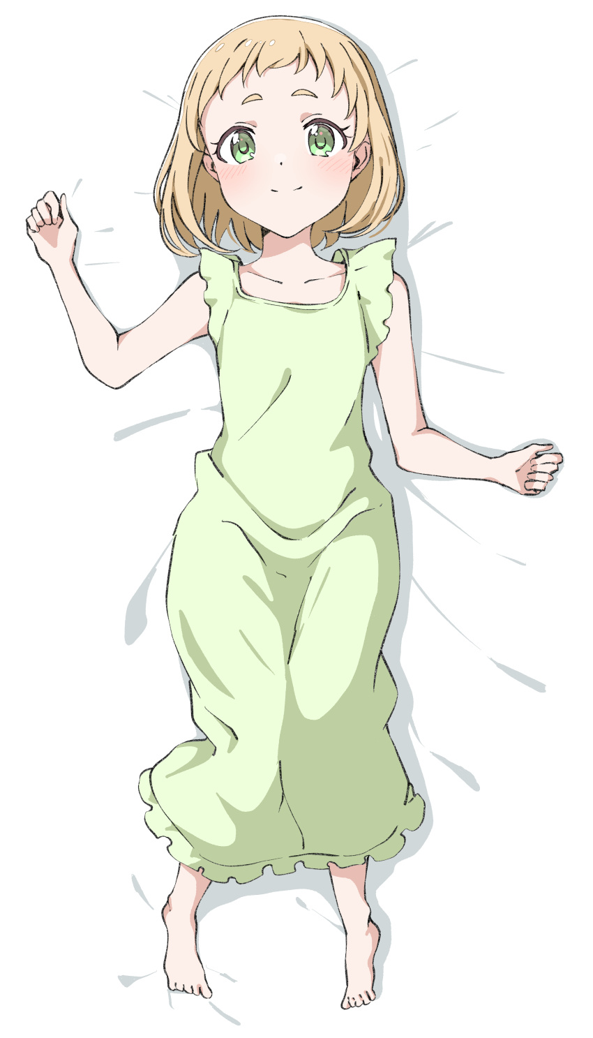 absurdres blonde_hair crust_gm0 dress feet female green_dress green_eyes green_nightgown highres inose_mai koisuru_asteroid lying nightgown no_shoes on_back on_bed short_hair simple_background solo white_background