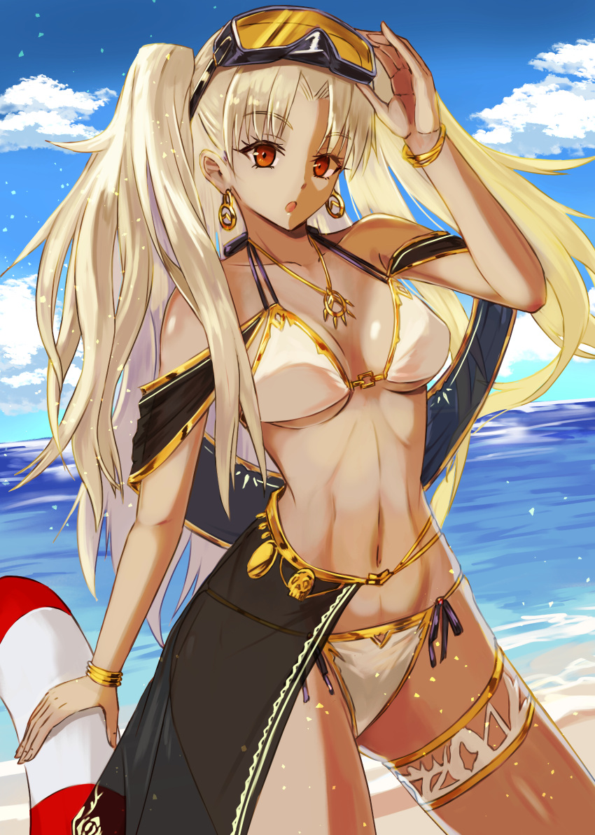 absurdres beach bikini blonde_hair breasts dark-skinned_female dark_skin earrings ereshkigal_(fate) ereshkigal_alter_(fate) fate/grand_order fate_(series) female goggles goggles_on_head hair_ribbon hand_on_goggles highres holding holding_swim_ring hoop_earrings inugami86 jewelry lifebuoy long_hair looking_at_viewer medium_breasts navel necklace open_mouth parted_bangs red_eyes ribbon see-through solo swim_ring swimsuit two_side_up white_bikini