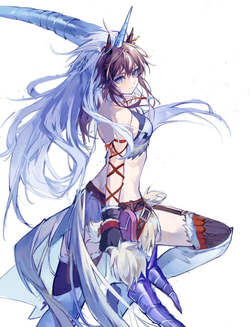 arknights bare_back bare_shoulders blue_eyes brown_hair dual_wielding fake_horns female garter_straps gloves highres holding holding_weapon horns kirin_(armor) kirin_r_yato_(arknights) knee_up lin_qing_(phosphorus_1104) mane solo standing standing_on_one_leg weapon yato_(arknights)