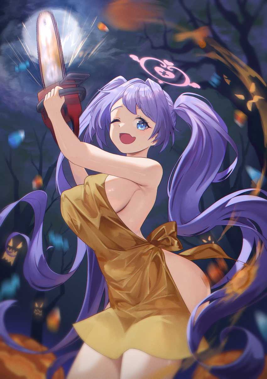 ;d apron blue_archive blurry blush breasts candy candy_corn chainsaw depth_of_field elanphant female food full_moon halloween halo hanae_(blue_archive) highres holding holding_chainsaw jack-o'-lantern large_breasts long_hair looking_at_viewer moon naked_apron night night_sky one_eye_closed open_mouth outdoors purple_hair sky smile solo standing tree twintails very_long_hair