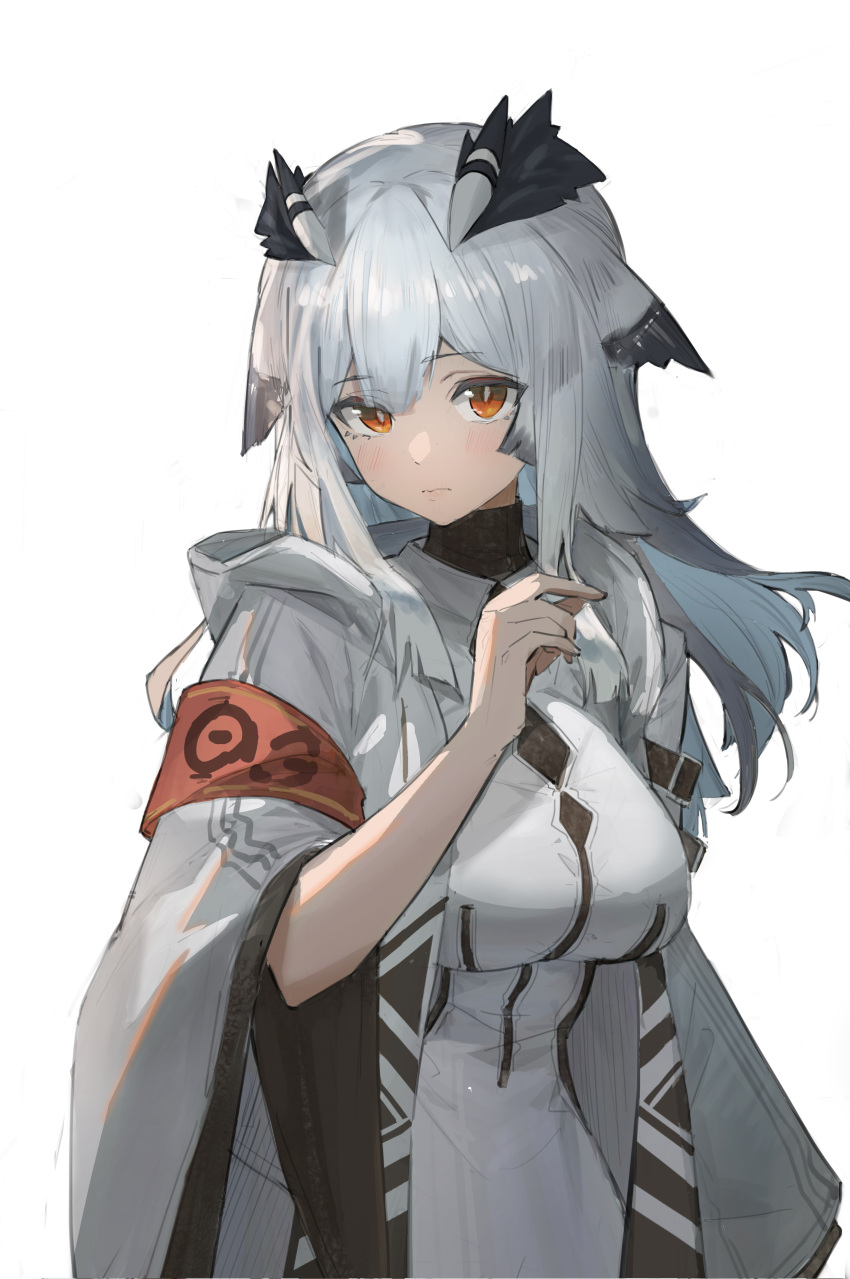 absurdres arknights armband breasts bright_pupils dress female grey_hair hair_ornament hand_up highres hood large_breasts long_hair long_sleeves looking_at_viewer mystery-s orange_eyes ptilopsis_(arknights) rhine_lab_logo simple_background solo white_dress white_pupils wide_sleeves