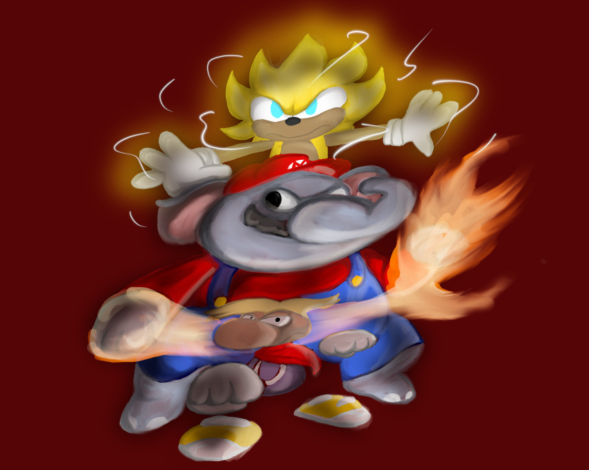 absurd_res anthro blue_eyes clothing electricity elephant elephant_mario elephantid eulipotyphlan facial_hair fire fur gloves glowing grey_body group handwear hedgehog hi_res jaythefox333 lightning male mammal mario mario_bros moustache nintendo overalls painting_(artwork) proboscidean rayman rayman_(series) red_background sega simple_background sonic_the_hedgehog sonic_the_hedgehog_(series) super_mario_bros_wonder tan_body traditional_media_(artwork) trio ubisoft unknown_species yellow_body yellow_fur