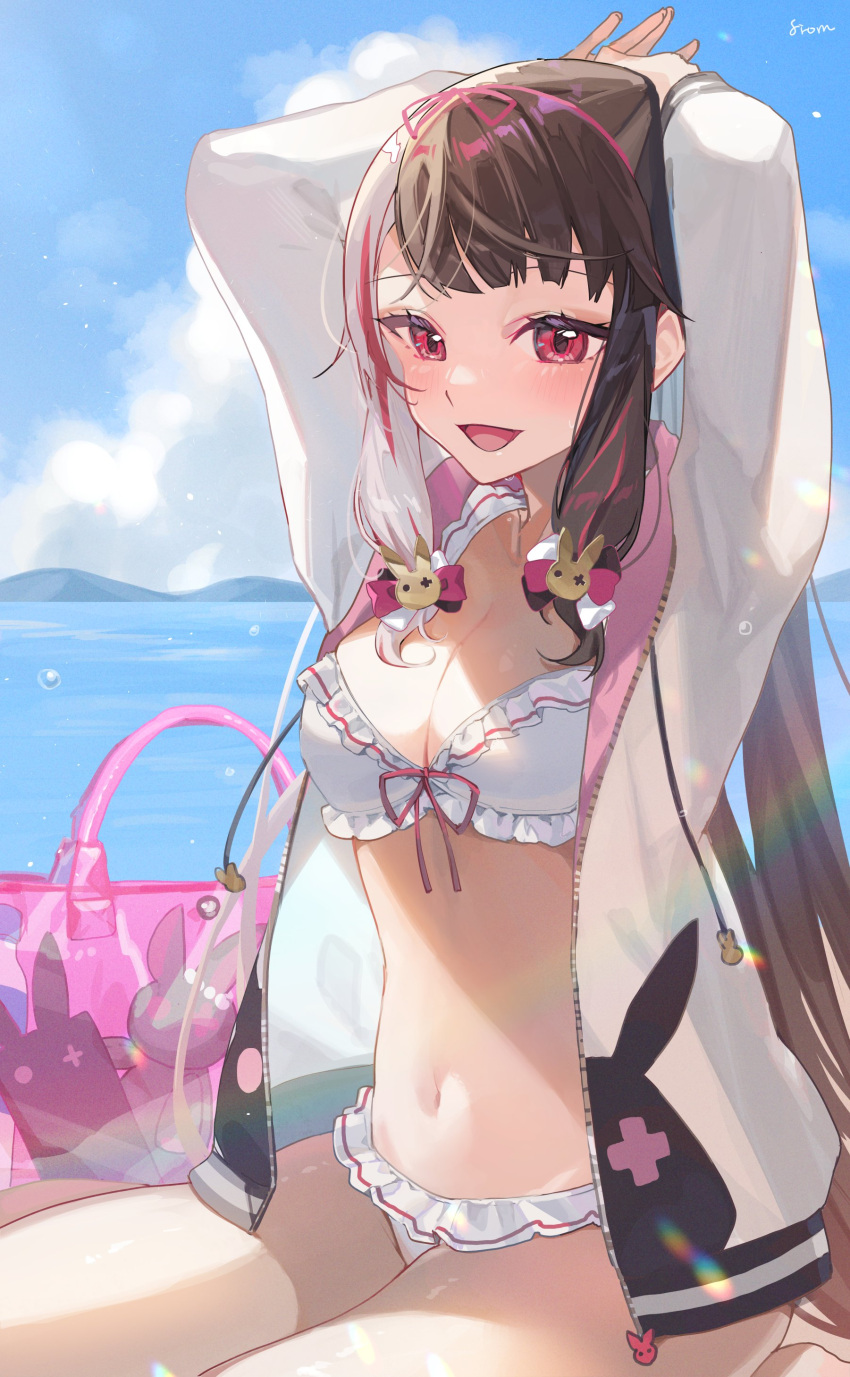 absurdres bikini black_hair breasts cleavage female frilled_bikini frills hair_ornament high_ponytail highres jacket long_hair multicolored_hair nijisanji open_clothes open_jacket open_mouth pink_bag pink_hair rabbit_hair_ornament red_eyes sirom smile solo split-color_hair streaked_hair swimsuit two-tone_hair virtual_youtuber white_bikini white_hair yorumi_rena yorumi_rena_(7th_costume)