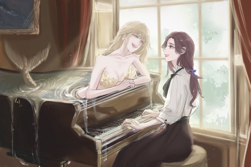 2girls absurdres ascot bare_shoulders black_ascot black_skirt blonde_hair blue_eyes breasts brown_hair cleavage commentary curtains deerwhisky earrings english_commentary eye_contact grand_piano highres indoors instrument jewelry large_breasts long_hair looking_at_another mermaid mixed-language_commentary monster_girl multiple_girls music open_mouth original piano playing_instrument playing_piano shirt sitting skirt smile star_(symbol) star_earrings sunlight upper_body water white_shirt window yellow_eyes yuri