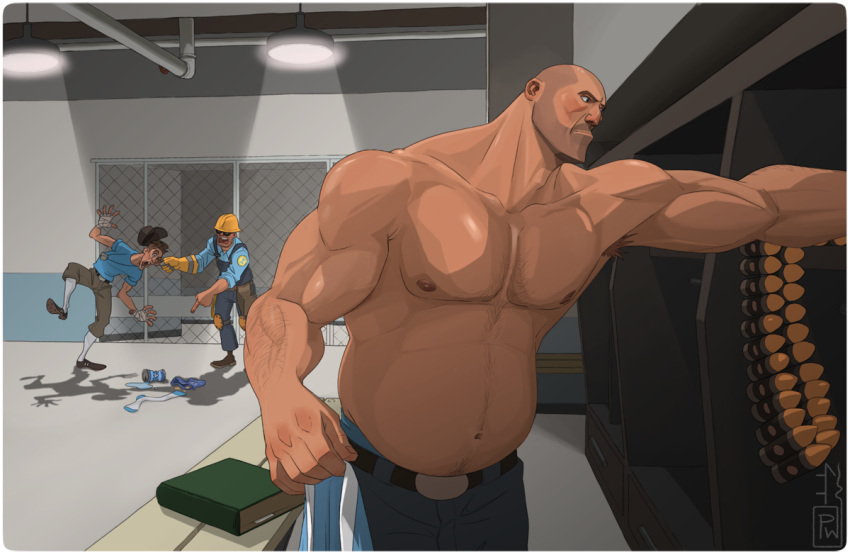 3boys bara beard_stubble belly blu_engineer_(tf2) blu_heavy_(tf2) blu_scout_(tf2) buzz_cut character_request engineer_(tf2) facial_hair feet_out_of_frame from_side heavy_(tf2) large_pectorals looking_ahead male_focus mature_male multiple_boys muscular muscular_male mustache_stubble navel navel_hair nipples pants pectorals profile protowilson scout_(tf2) short_hair solo_focus sparse_chest_hair stomach stubble team_fortress_2 thick_eyebrows topless_male very_short_hair