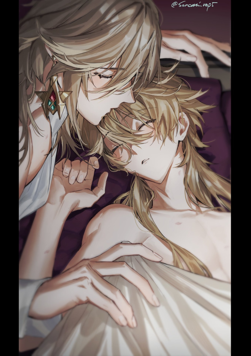 2boys aether_(genshin_impact) alternate_hairstyle bed blonde_hair closed_eyes commentary covering_privates earrings genshin_impact hair_between_eyes hair_down highres jewelry kaveh_(genshin_impact) long_hair lying male_focus multiple_boys nude nude_cover on_back pillarboxed pillow sleeping sonomi symbol-only_commentary upper_body yaoi