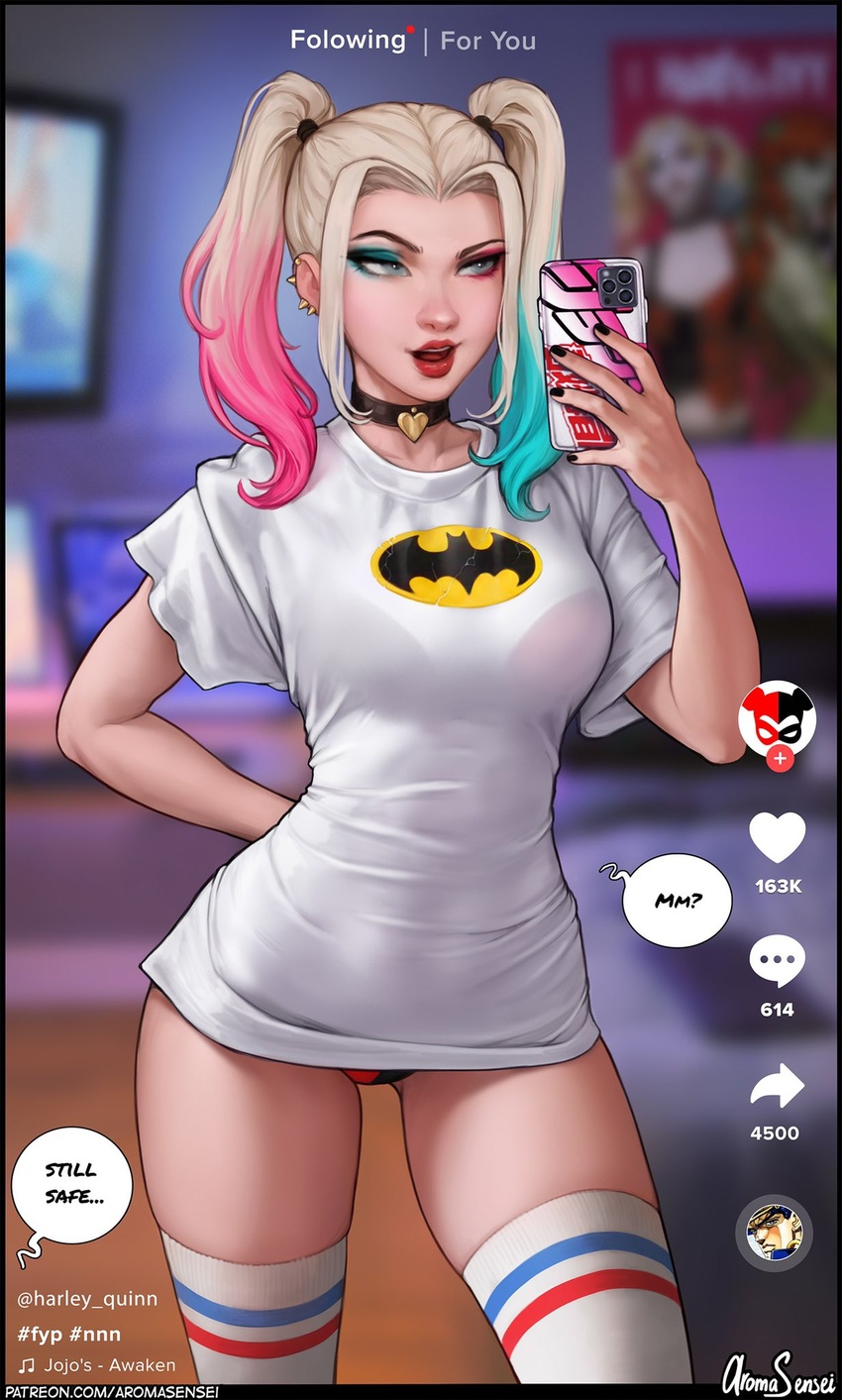 1girls aroma_sensei batman_(series) blonde_hair blue_eyeshadow blue_hair dc dc_comics dyed_hair female female_only fully_clothed harley_quinn panties pigtails pink_eyeshadow pink_hair selfie smartphone socks solo solo_female suicide_squad thick_thighs thigh_gap thigh_socks three_tone_hair