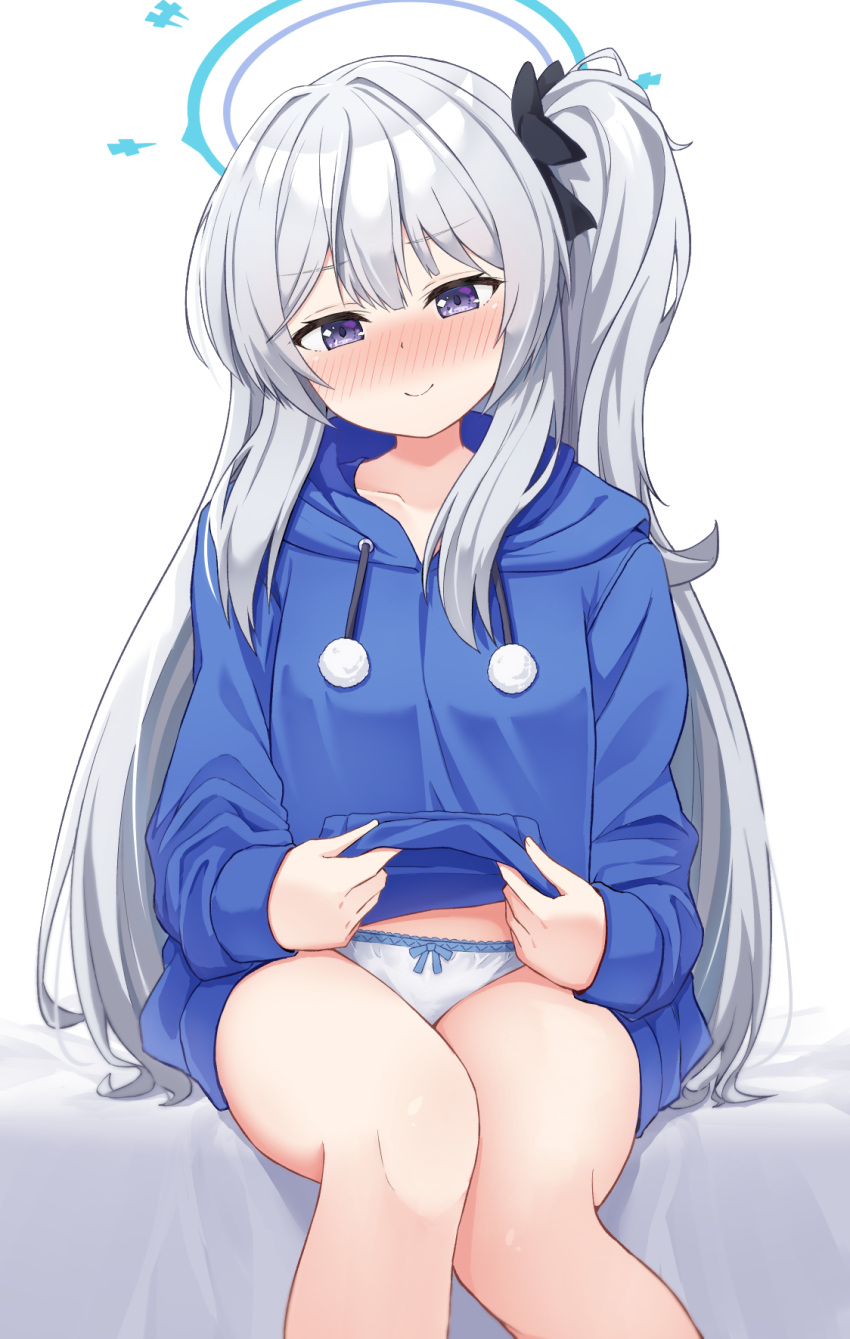 blue_archive blue_halo blue_hoodie blush bow bow_panties casual closed_mouth clothes_lift commentary_request feet_out_of_frame female grey_hair halo highres hood hoodie hoodie_lift lifting_own_clothes long_hair long_sleeves looking_at_viewer miyako_(blue_archive) miyako_(young)_(blue_archive) nenosame official_alternate_costume one_side_up open_mouth panties purple_eyes solo underwear white_panties