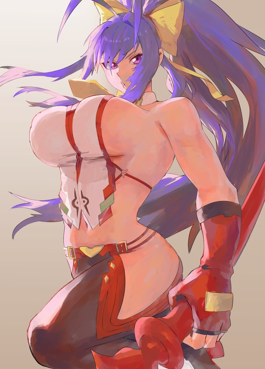 antenna_hair arqa bare_arms bare_shoulders blazblue blue_hair bow breasts female fingerless_gloves gloves hairbow highres holding holding_polearm holding_weapon large_breasts long_hair looking_at_viewer mai_natsume navel polearm ponytail purple_eyes red_gloves simple_background solo spear weapon white_background