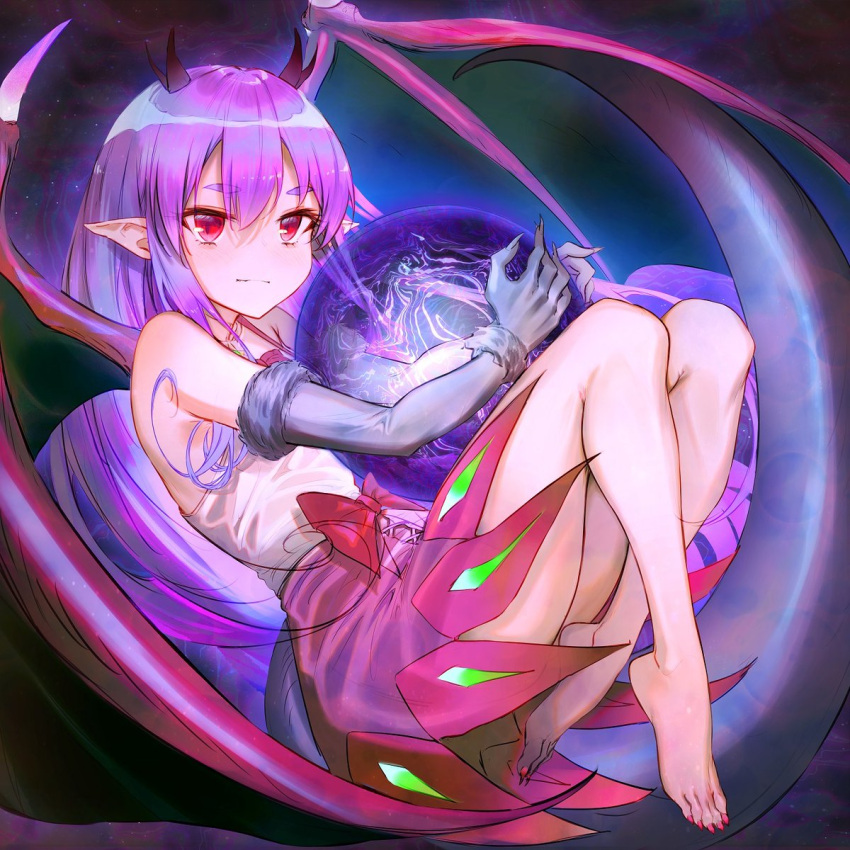 100_percent_orange_juice bad_id bad_twitter_id bare_legs bare_shoulders barefoot collateral_damage_studios dark_lulu_(orange_juice) dragon_girl dragon_horns dragon_wings energy_ball english_commentary female highres horns long_hair nail_polish official_art pointy_ears purple_hair purple_skirt red_eyes shirt skirt solo toenail_polish toenails toes unfinished usanekorin very_long_hair white_shirt wings