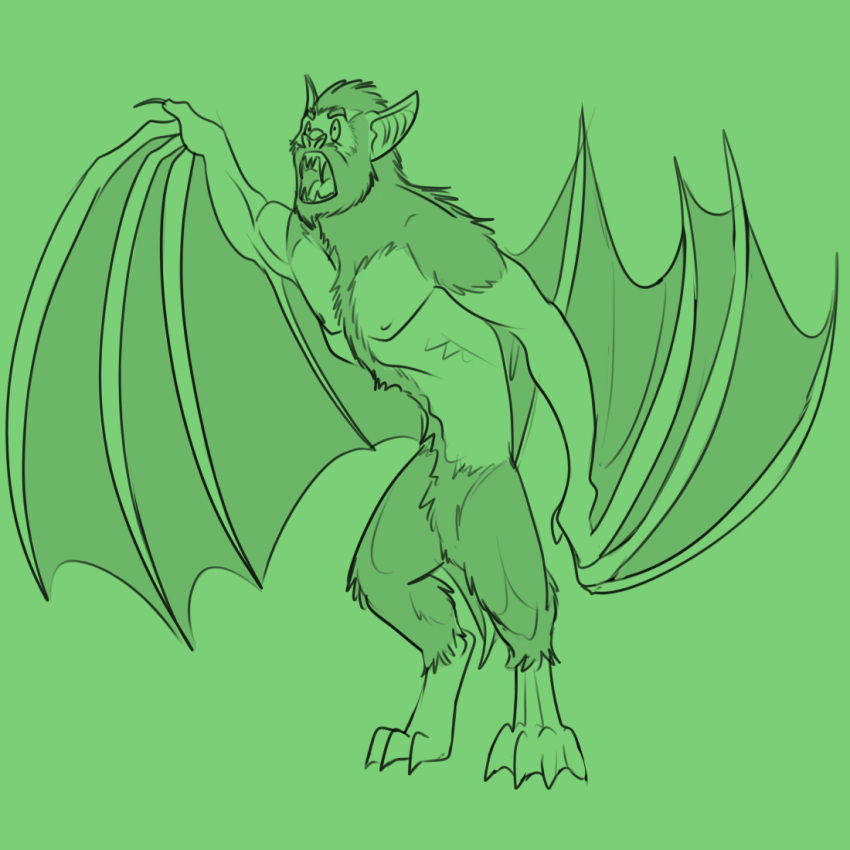 1:1 anthro awarebear bat bat_ears bat_nose bat_wings big_wings fur fur_pattern green_background human human_to_anthro male mammal membrane_(anatomy) membranous_wings mid_transformation nipples nude sharp_teeth simple_background solo species_transformation teeth transformation were werebat wings