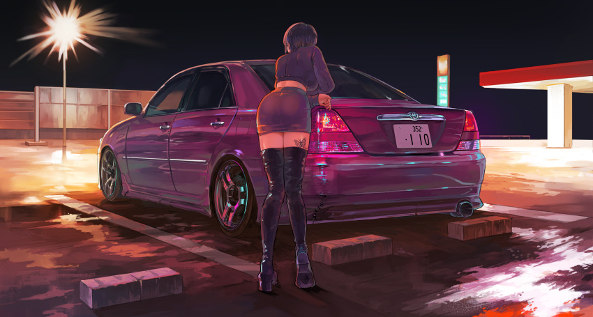 black_hair black_thighhighs boots butterfly_tattoo car cropped_jacket female highres jacket lamppost miniskirt momo_hiki motor_vehicle night original outdoors parking_lot purple_car purple_jacket purple_skirt short_hair skirt solo tattoo thigh_boots thighhighs toyota toyota_mark_ii