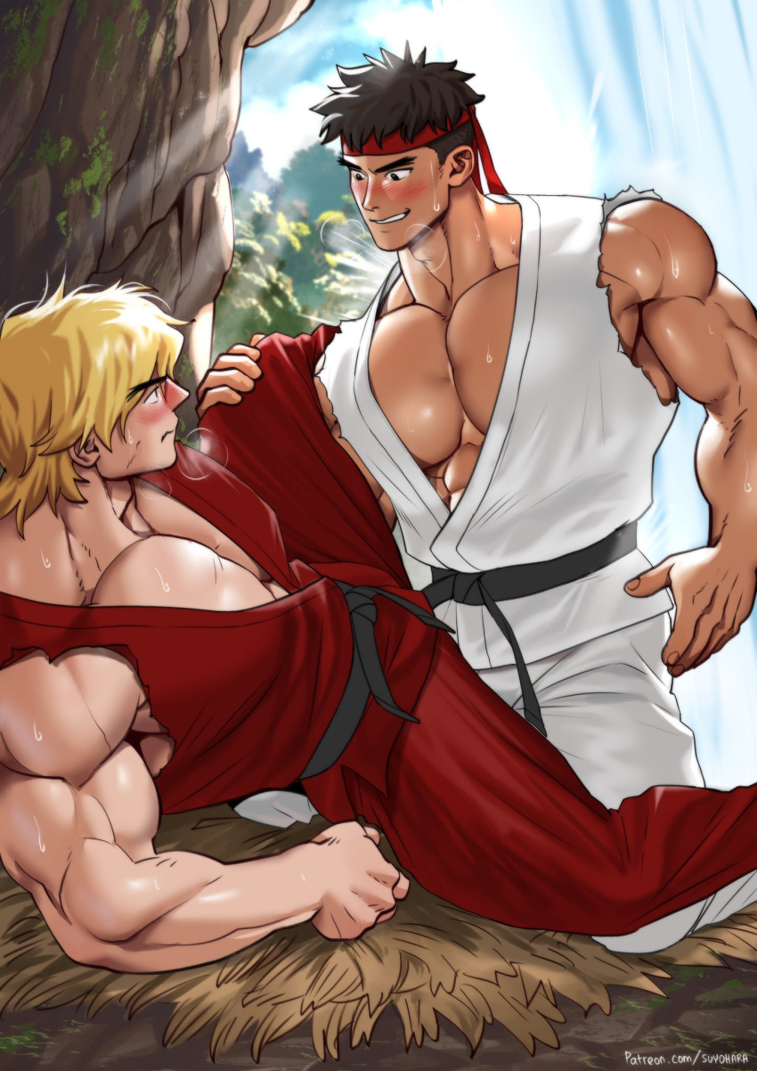 2boys abs bara black_hair blonde_hair blush bulge bulge_to_ass cloud day dougi headband highres ken_masters large_pectorals leg_up looking_at_another male_focus multiple_boys muscular muscular_male outdoors paid_reward_available patreon_username pectorals red_headband ryu_(street_fighter) short_hair sky smile spread_legs street_fighter street_fighter_ii_(series) suyohara teeth torn_clothes yaoi