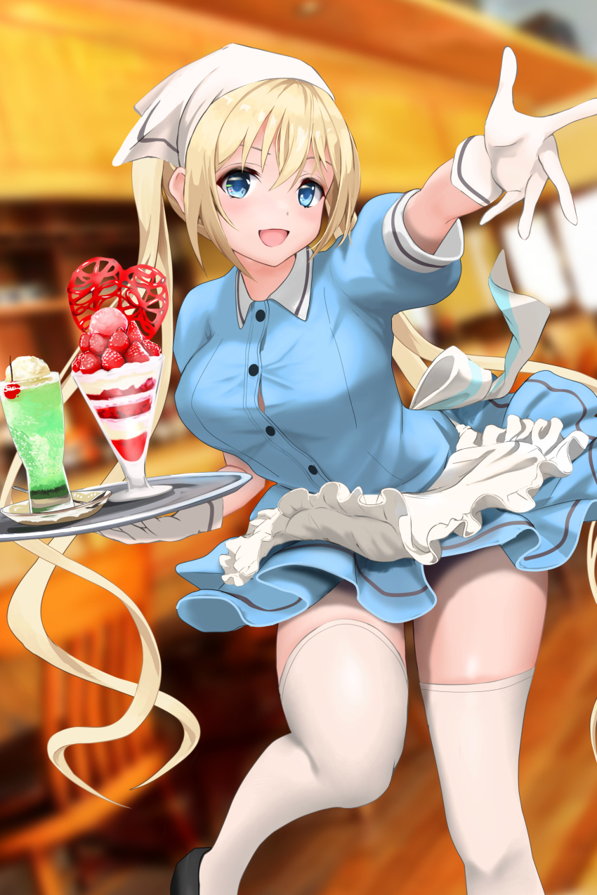 absurdres apron blend_s blonde_hair blue_dress blue_eyes blurry blurry_background blush breasts cafe commentary_request dress female food frilled_apron frills fruit gibun_(sozoshu) gloves hair_between_eyes head_scarf highres hinata_kaho holding holding_tray indoors large_breasts long_hair looking_at_viewer open_mouth outstretched_arm parfait short_dress sidelocks smile solo standing stile_uniform strawberry thigh_gap thighhighs thighs tray twintails very_long_hair waitress white_apron white_gloves white_thighhighs zettai_ryouiki