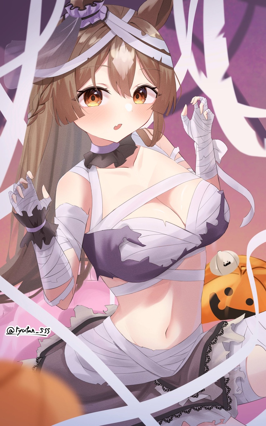 animal_ears bandaged_arm bandaged_leg bandages bandeau black_choker blurry blurry_foreground blush braid breasts brown_eyes brown_hair choker claw_pose cleavage cosplay depth_of_field ear_scrunchie female french_braid frilled_choker frills grey_bandeau grey_skirt halloween highres horse_ears horse_girl jack-o'-lantern lace-trimmed_skirt lace_trim long_hair looking_at_viewer lryutanl medium_breasts midriff miniskirt navel oerba_yun_fang satono_diamond_(umamusume) sitting skin_fang skirt solo super_creek_(chiffon_ribbon_mummy)_(umamusume) super_creek_(umamusume) super_creek_(umamusume)_(cosplay) torn_bandeau torn_clothes twitter_username umamusume